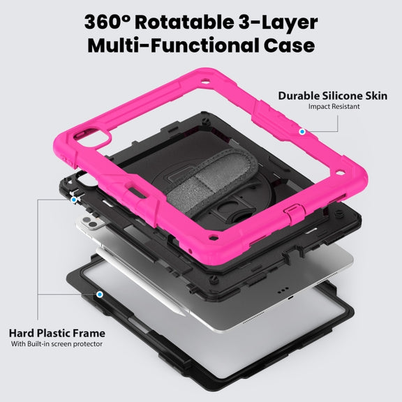 For iPad Pro 13 2024 Silicone Hybrid PC Tablet Case with Shoulder Strap(Black + Rose Red)