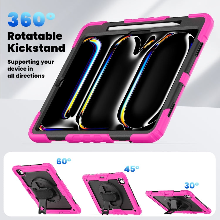 For iPad Pro 13 2024 Silicone Hybrid PC Tablet Case with Shoulder Strap(Black + Rose Red)