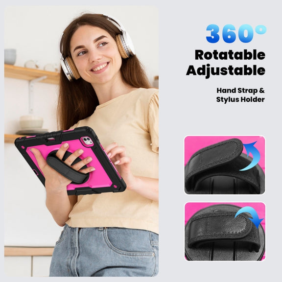 For iPad Pro 13 2024 Silicone Hybrid PC Tablet Case with Shoulder Strap(Rose Red + Black)