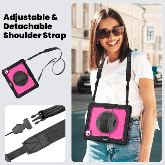 For iPad Pro 13 2024 Silicone Hybrid PC Tablet Case with Shoulder Strap(Rose Red + Black)