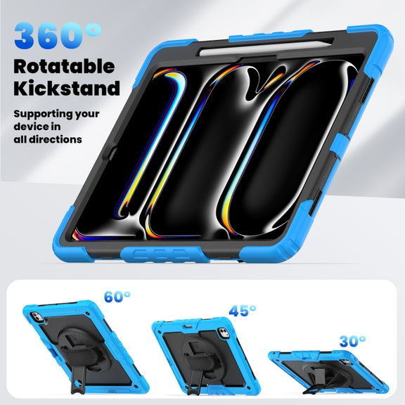 For iPad Pro 13 2024 Silicone Hybrid PC Tablet Case with Shoulder Strap(Black + Light Blue)