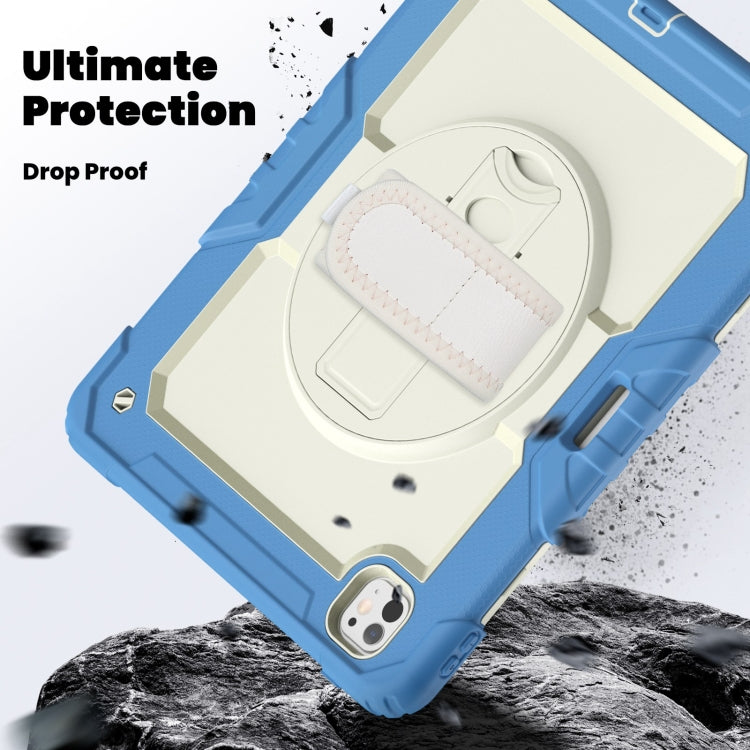 For iPad Pro 13 2024 Silicone Hybrid PC Tablet Case with Shoulder Strap(Beige + Cyan-blue)