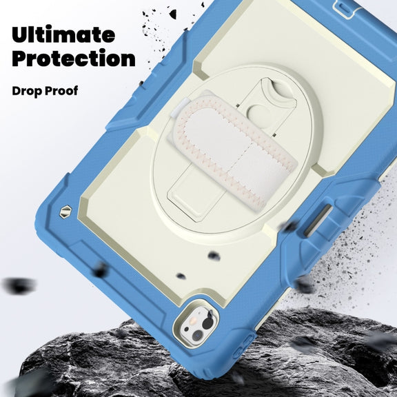 For iPad Pro 13 2024 Silicone Hybrid PC Tablet Case with Shoulder Strap(Beige + Cyan-blue)