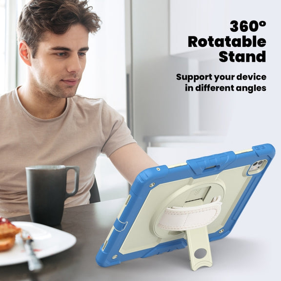 For iPad Pro 13 2024 Silicone Hybrid PC Tablet Case with Shoulder Strap(Beige + Cyan-blue)