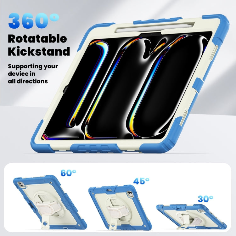 For iPad Pro 13 2024 Silicone Hybrid PC Tablet Case with Shoulder Strap(Beige + Cyan-blue)