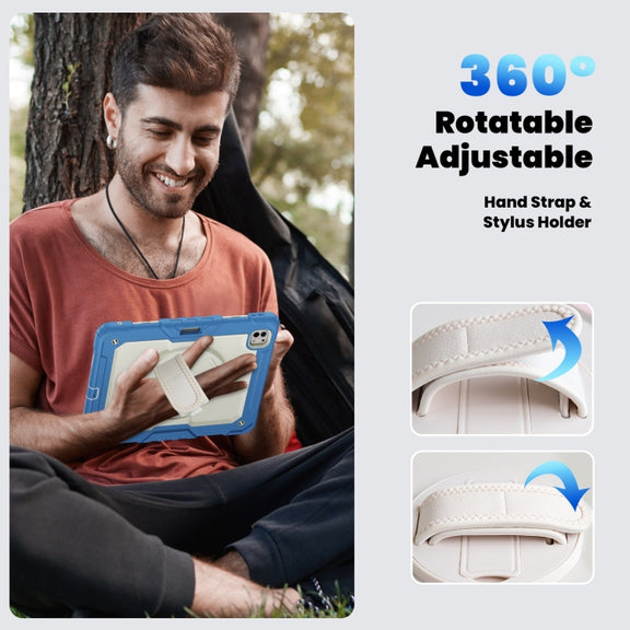 For iPad Pro 13 2024 Silicone Hybrid PC Tablet Case with Shoulder Strap(Beige + Cyan-blue)