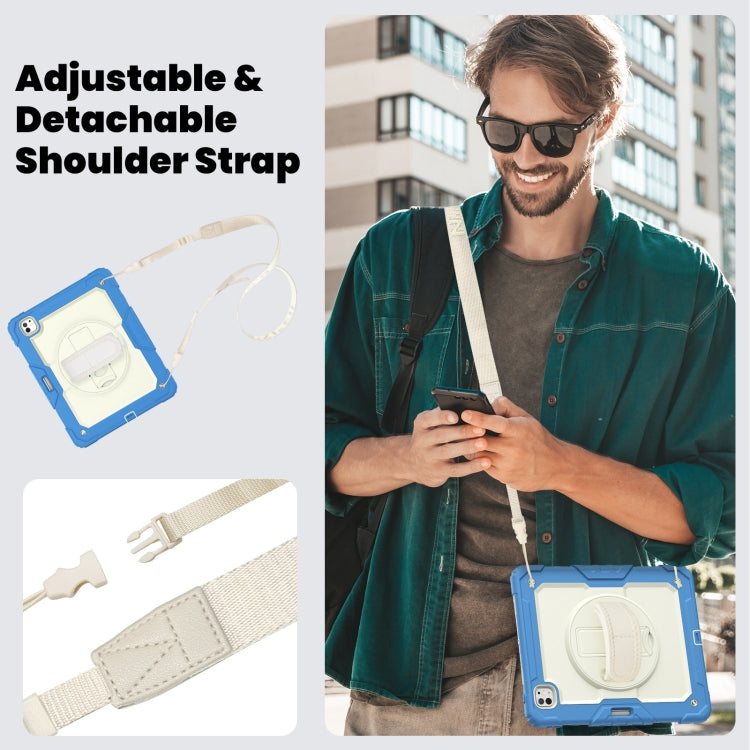For iPad Pro 13 2024 Silicone Hybrid PC Tablet Case with Shoulder Strap(Beige + Cyan-blue)