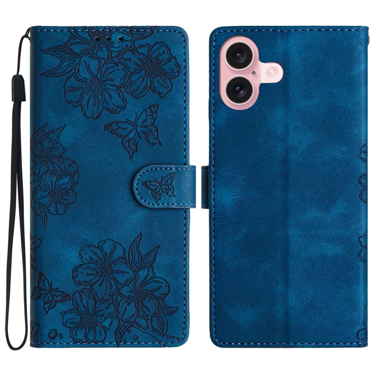 For iPhone 16 Cherry Blossom Butterfly Skin Feel Embossed PU Phone Case(Blue)