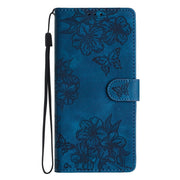 For iPhone 16 Cherry Blossom Butterfly Skin Feel Embossed PU Phone Case(Blue)