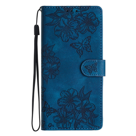 For iPhone 16 Cherry Blossom Butterfly Skin Feel Embossed PU Phone Case(Blue)
