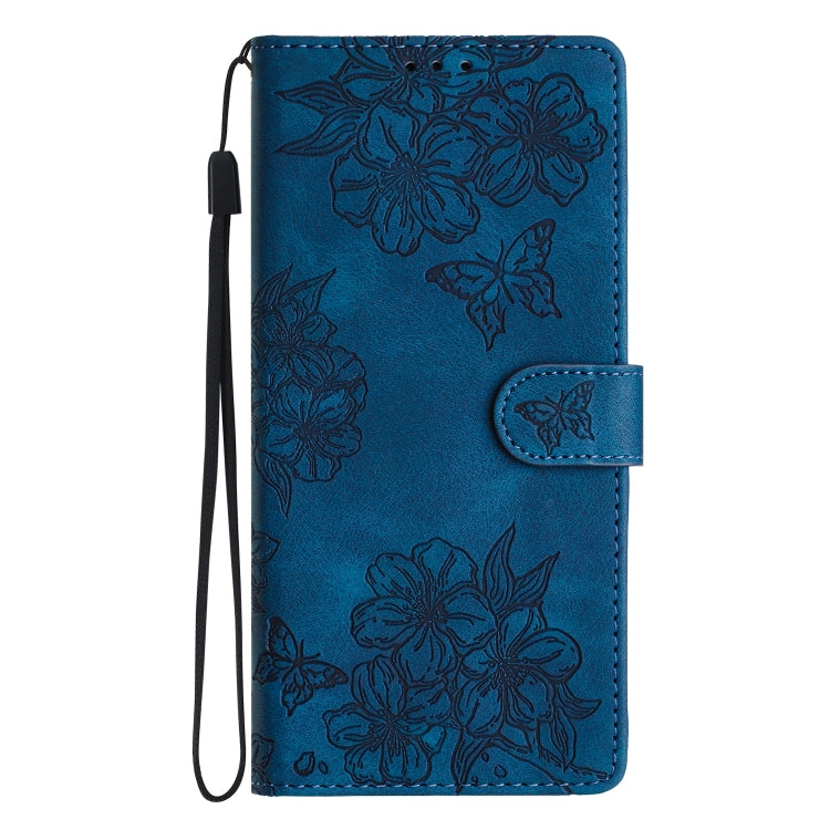 For iPhone 16 Cherry Blossom Butterfly Skin Feel Embossed PU Phone Case(Blue)