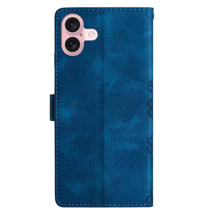 For iPhone 16 Cherry Blossom Butterfly Skin Feel Embossed PU Phone Case(Blue)