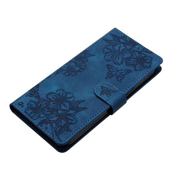 For iPhone 16 Cherry Blossom Butterfly Skin Feel Embossed PU Phone Case(Blue)