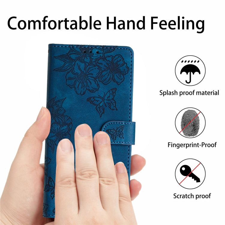 For iPhone 16 Cherry Blossom Butterfly Skin Feel Embossed PU Phone Case(Blue)
