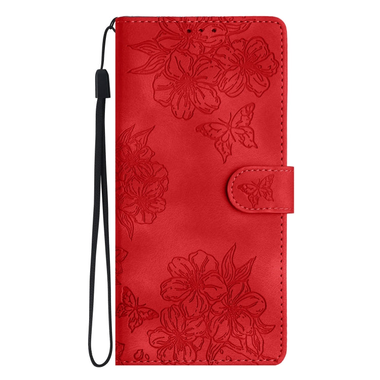 For iPhone 16 Plus Cherry Blossom Butterfly Skin Feel Embossed PU Phone Case(Red)