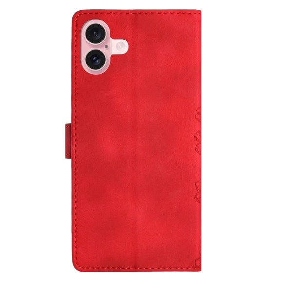 For iPhone 16 Plus Cherry Blossom Butterfly Skin Feel Embossed PU Phone Case(Red)