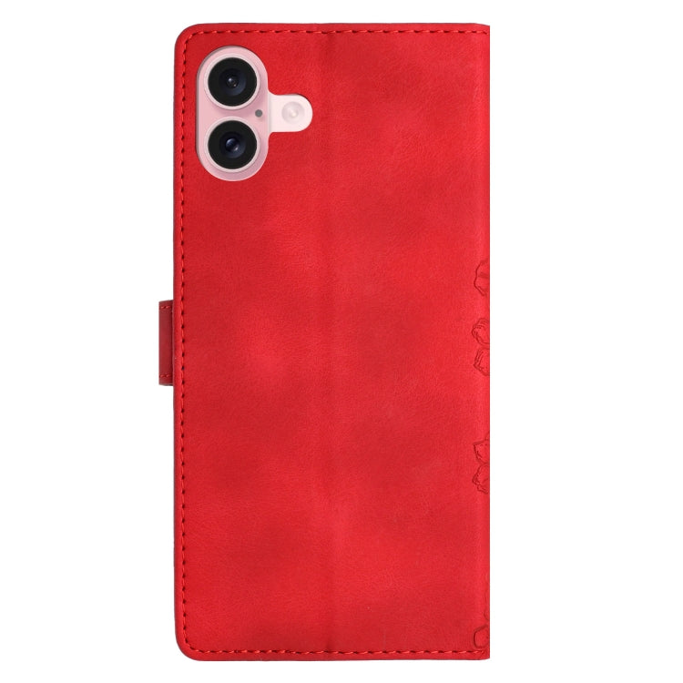 For iPhone 16 Plus Cherry Blossom Butterfly Skin Feel Embossed PU Phone Case(Red)