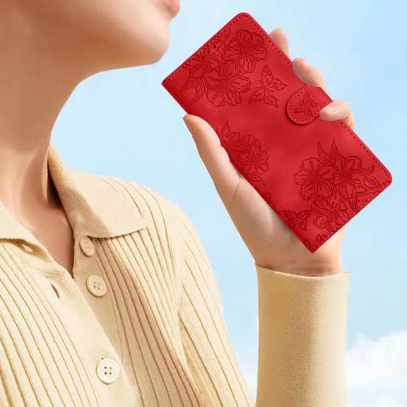 For iPhone 16 Plus Cherry Blossom Butterfly Skin Feel Embossed PU Phone Case(Red)