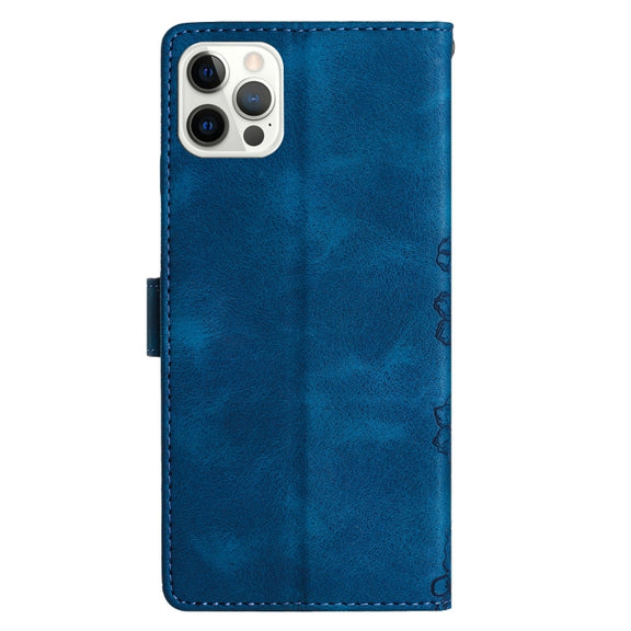 For iPhone 16 Pro Cherry Blossom Butterfly Skin Feel Embossed PU Phone Case(Blue)