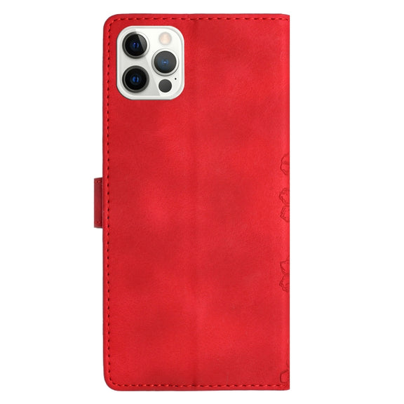 For iPhone 16 Pro Max Cherry Blossom Butterfly Skin Feel Embossed PU Phone Case(Red)
