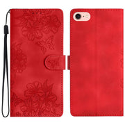 For iPhone 16e Cherry Blossom Butterfly Skin Feel Embossed PU Phone Case(Red)