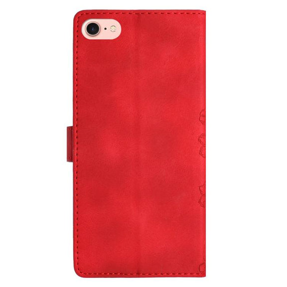 For iPhone 16e Cherry Blossom Butterfly Skin Feel Embossed PU Phone Case(Red)