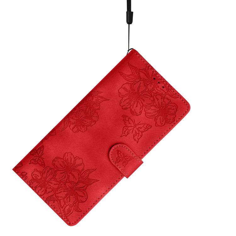 For iPhone 16e Cherry Blossom Butterfly Skin Feel Embossed PU Phone Case(Red)