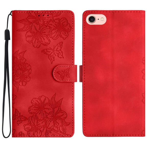 For iPhone 16e Cherry Blossom Butterfly Skin Feel Embossed PU Phone Case(Red)