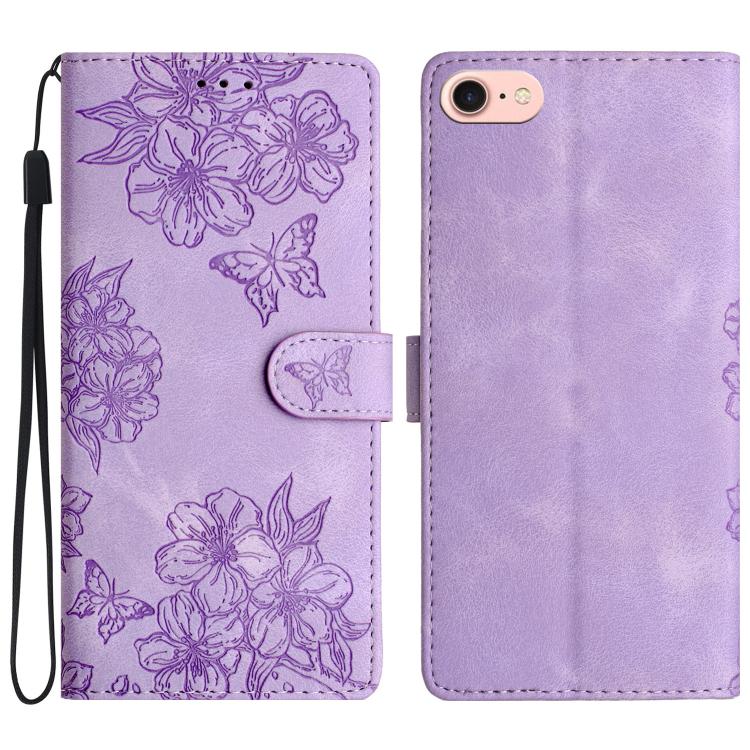 For iPhone 16e Cherry Blossom Butterfly Skin Feel Embossed PU Phone Case(Purple)