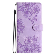 For iPhone 16e Cherry Blossom Butterfly Skin Feel Embossed PU Phone Case(Purple)