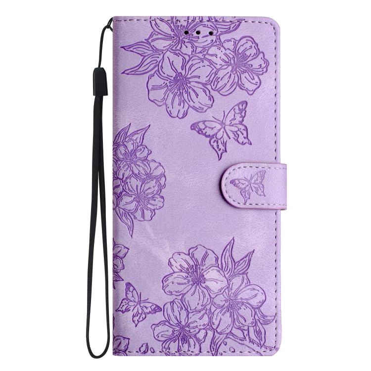 For iPhone 16e Cherry Blossom Butterfly Skin Feel Embossed PU Phone Case(Purple)