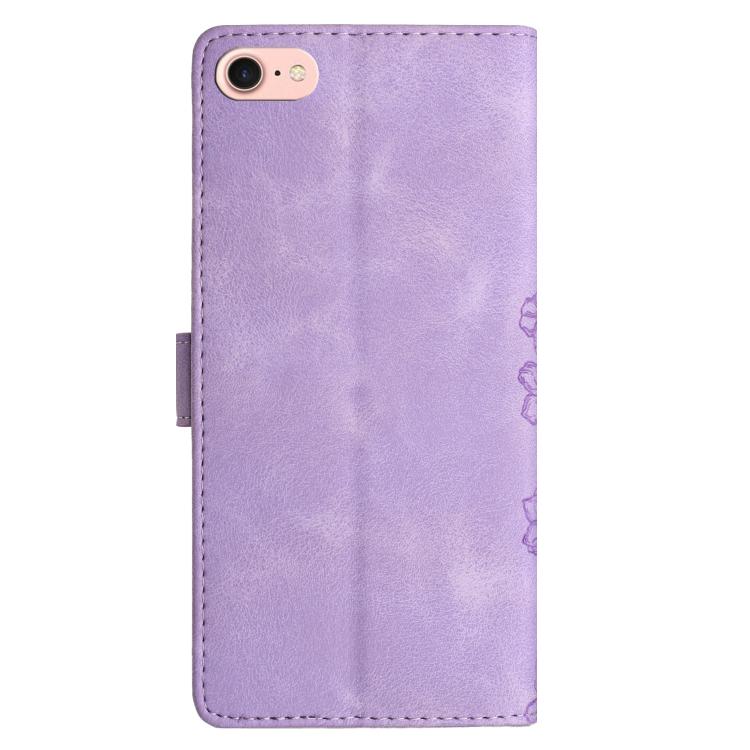For iPhone 16e Cherry Blossom Butterfly Skin Feel Embossed PU Phone Case(Purple)