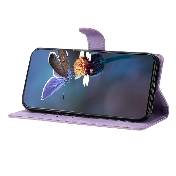 For iPhone 16e Cherry Blossom Butterfly Skin Feel Embossed PU Phone Case(Purple)