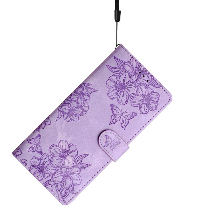 For iPhone 16e Cherry Blossom Butterfly Skin Feel Embossed PU Phone Case(Purple)