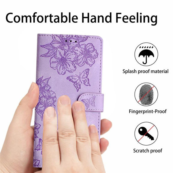 For iPhone 16e Cherry Blossom Butterfly Skin Feel Embossed PU Phone Case(Purple)