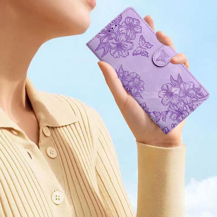 For iPhone 16e Cherry Blossom Butterfly Skin Feel Embossed PU Phone Case(Purple)
