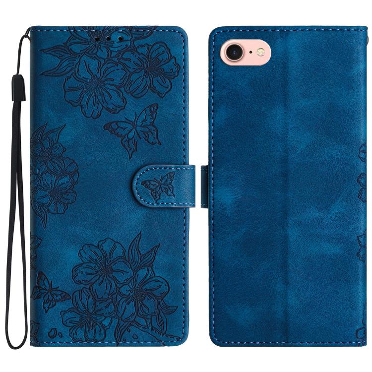 For iPhone 16e Cherry Blossom Butterfly Skin Feel Embossed PU Phone Case(Blue)