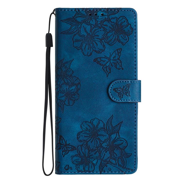 For iPhone 16e Cherry Blossom Butterfly Skin Feel Embossed PU Phone Case(Blue)