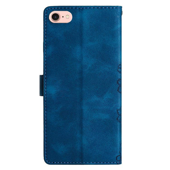 For iPhone 16e Cherry Blossom Butterfly Skin Feel Embossed PU Phone Case(Blue)