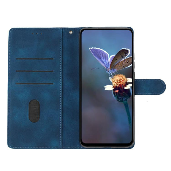 For iPhone 16e Cherry Blossom Butterfly Skin Feel Embossed PU Phone Case(Blue)