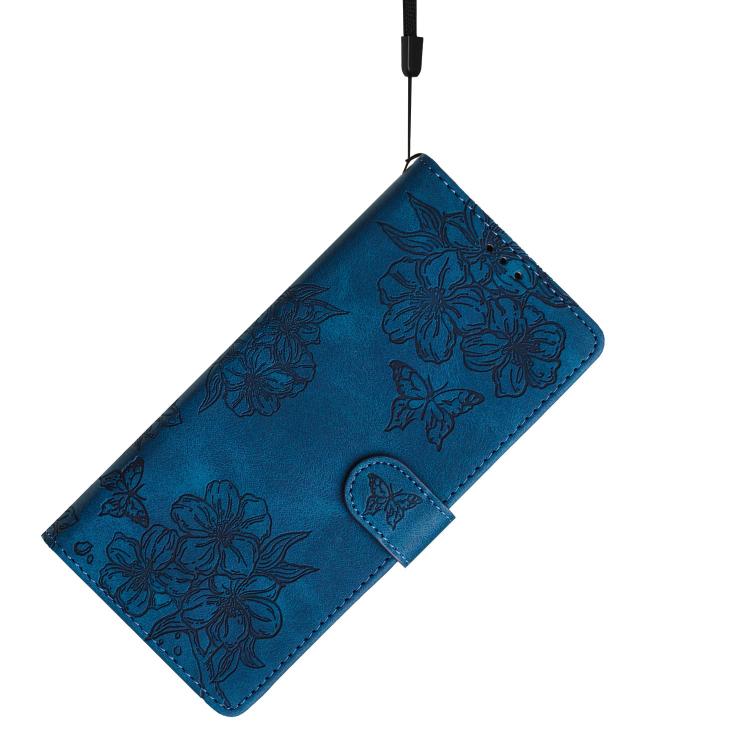 For iPhone 16e Cherry Blossom Butterfly Skin Feel Embossed PU Phone Case(Blue)