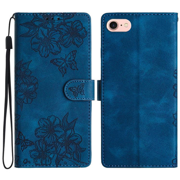 For iPhone 16e Cherry Blossom Butterfly Skin Feel Embossed PU Phone Case(Blue)
