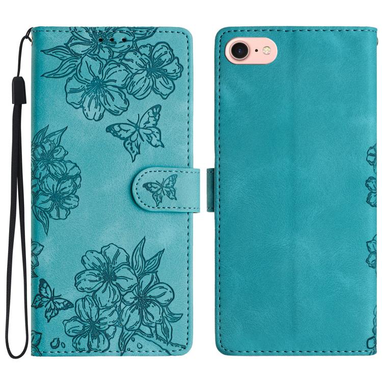 For iPhone 16e Cherry Blossom Butterfly Skin Feel Embossed PU Phone Case(Green)