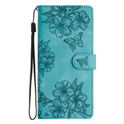 For iPhone 16e Cherry Blossom Butterfly Skin Feel Embossed PU Phone Case(Green)
