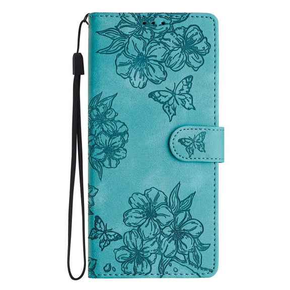 For iPhone 16e Cherry Blossom Butterfly Skin Feel Embossed PU Phone Case(Green)