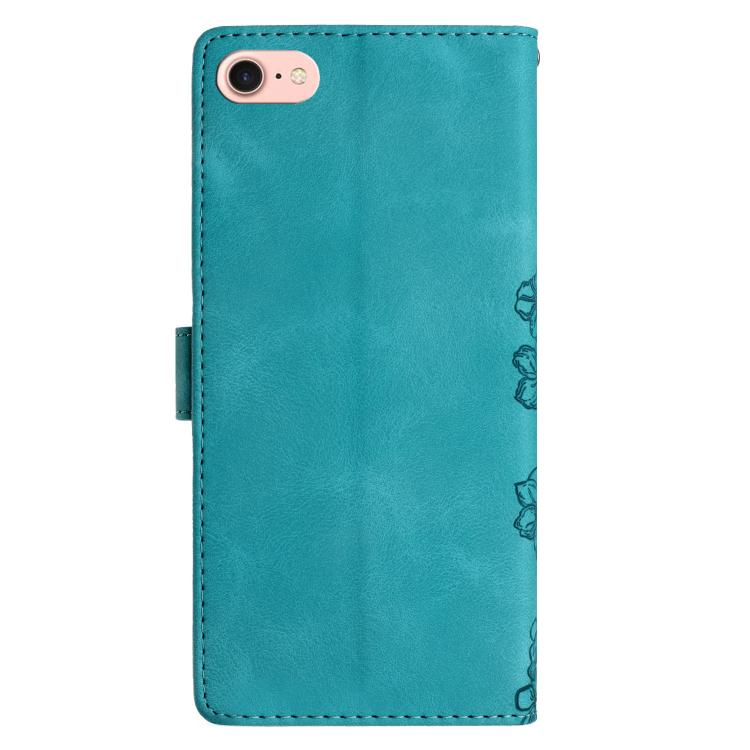 For iPhone 16e Cherry Blossom Butterfly Skin Feel Embossed PU Phone Case(Green)