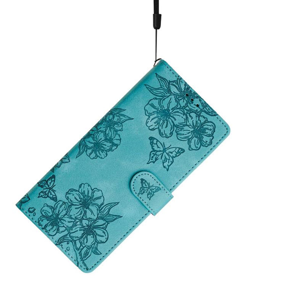 For iPhone 16e Cherry Blossom Butterfly Skin Feel Embossed PU Phone Case(Green)