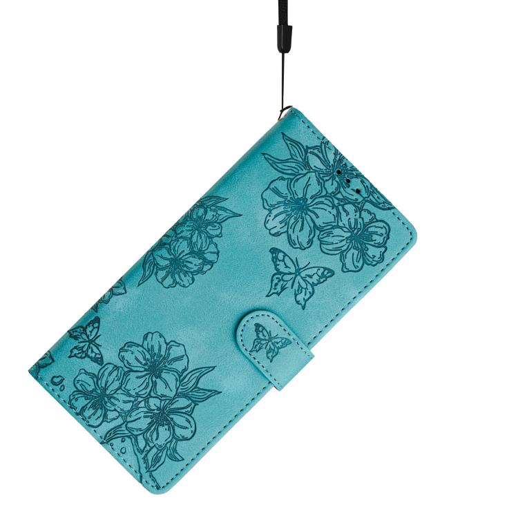 For iPhone 16e Cherry Blossom Butterfly Skin Feel Embossed PU Phone Case(Green)