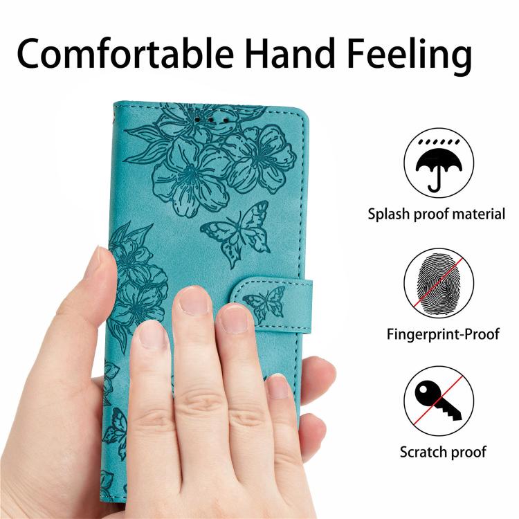 For iPhone 16e Cherry Blossom Butterfly Skin Feel Embossed PU Phone Case(Green)