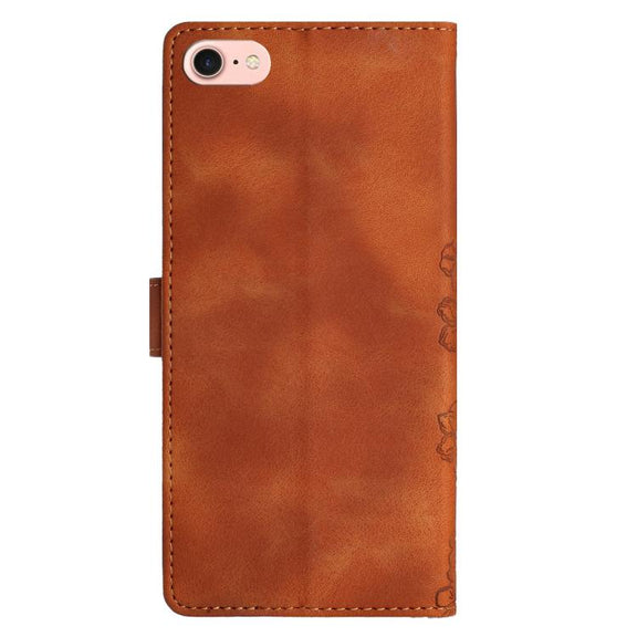For iPhone 16e Cherry Blossom Butterfly Skin Feel Embossed PU Phone Case(Brown)